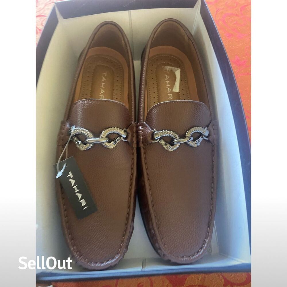 Tahari Men's Brown Leather Slip-On Moccasins with Chain Detail Size 10